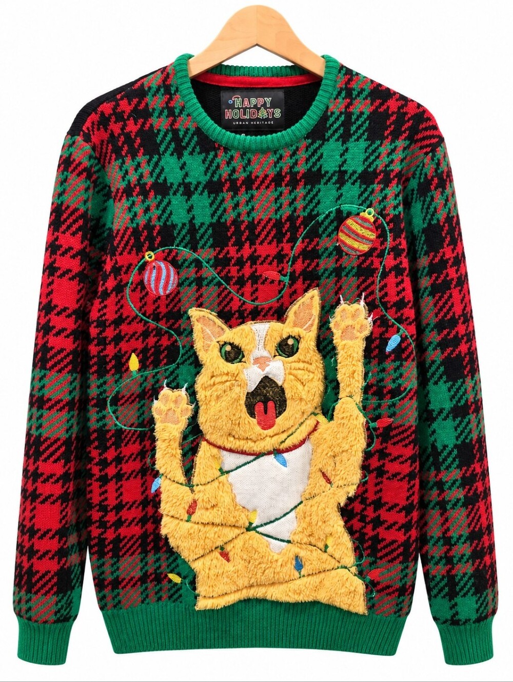 Happy Holidays Urban Heritage Plaid Cat Christmas Sweater Size L